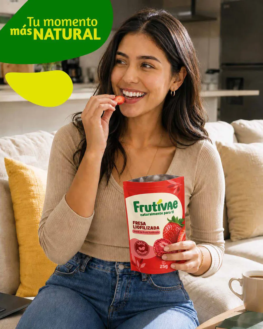Chica disfrutando Frutivae fresa liofilizada en casa